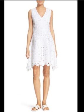 Theory Romantic Embroidered Eyelet Linen Dress White Sleeveless US 10